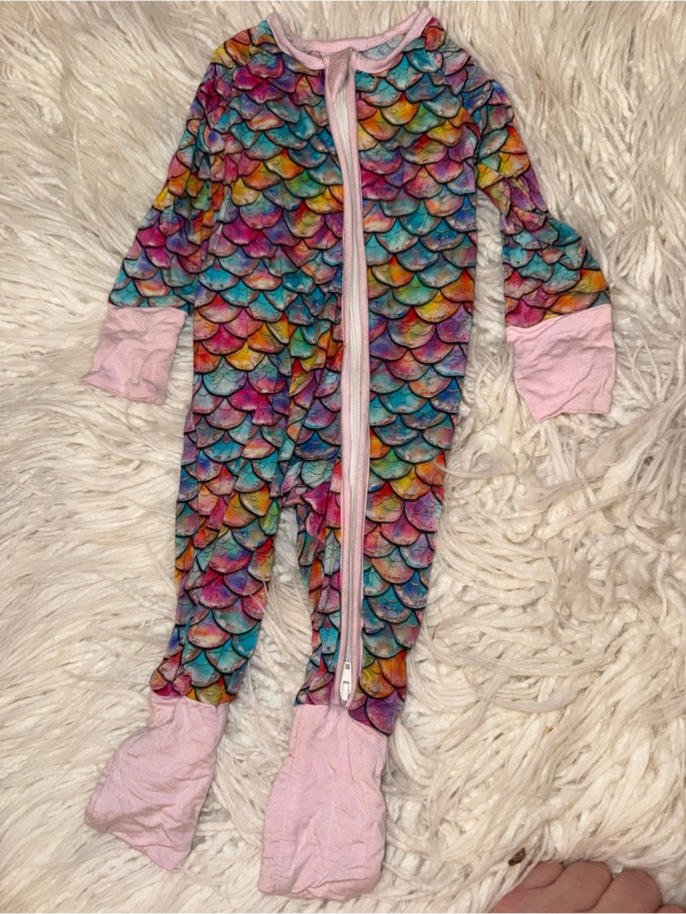 Kids Rainbow Mermaid Scale Footed One-Piece Pajamas - Pink Trim